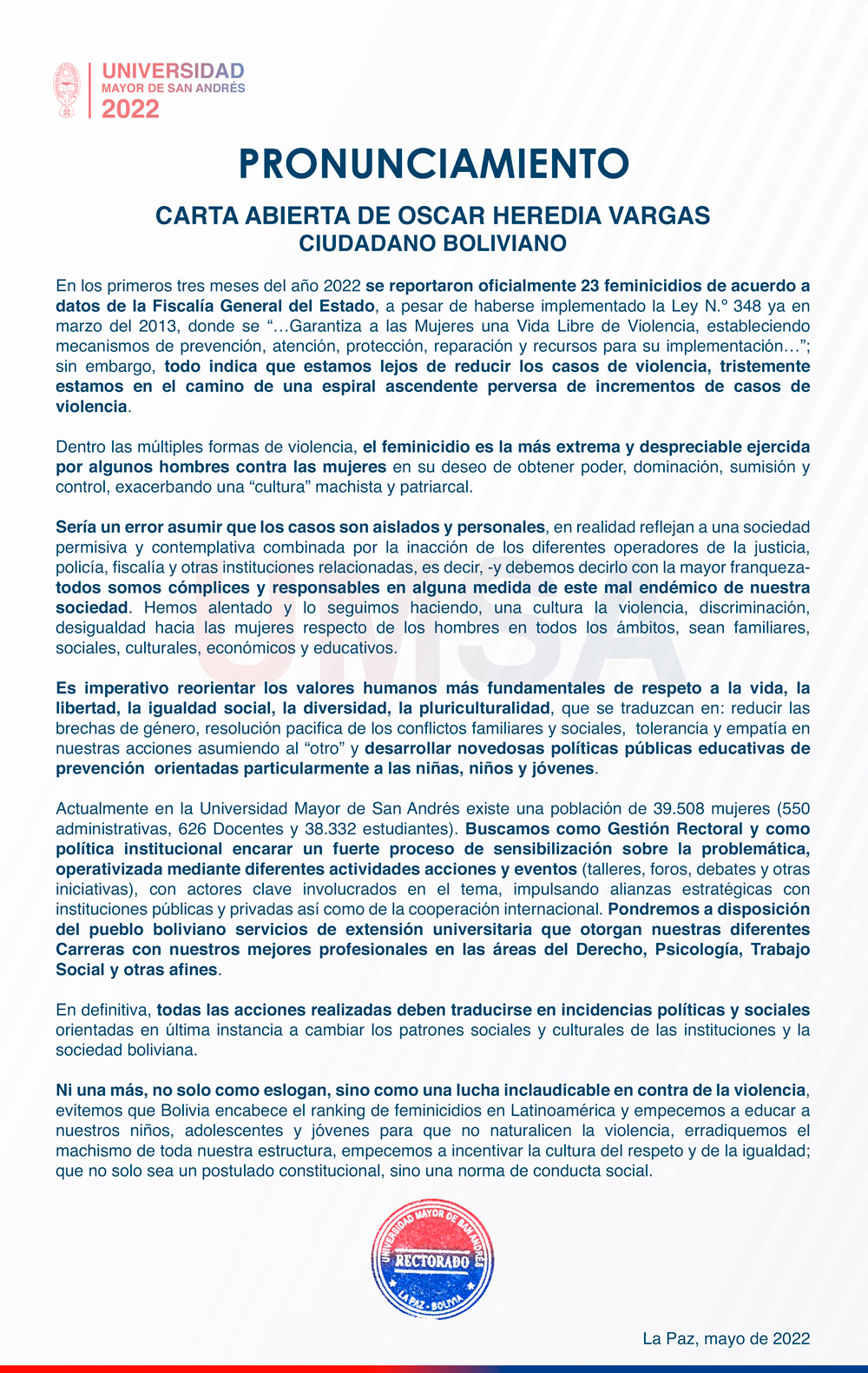 PRONUNCIAMIENTO CARTA ABIERTA DE OSCAR HEREDIA VARGAS CIUDADANO BOLIVIANO -  Universidad Mayor de San Andrés