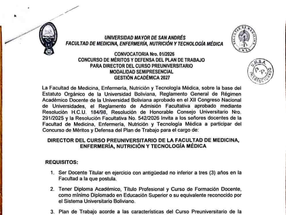 Convocatoria para Director del Curso Preuniversitario de Medicina 2027
