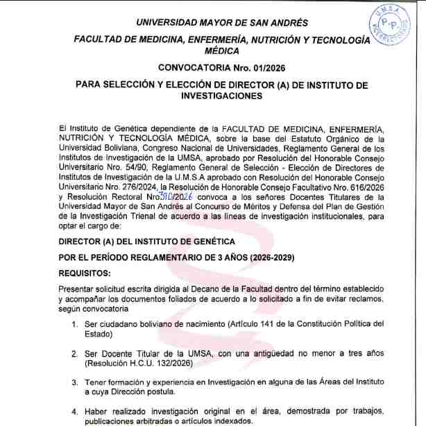 Convocatoria Nro. 01/2026: Director del Instituto de Genética (Gestión 2026–2029)